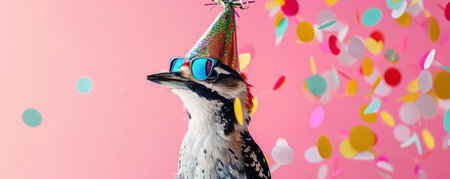Happy Birthday, carnival, New Year's eve, sylvester or other festive celebration, funny animals card banner - woodpecker with party hat and sunglasses on pink background with confettiの素材