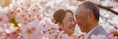 A happy elderly Japanese couple smiling and embracing under a cherry blossom treeの素材
