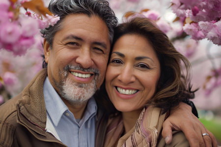 A happy Hispanic couple smiling and embracing under a cherry blossom treeの素材