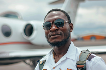 Portrait of young African American pilot standing in front of airplane at the airport.の素材