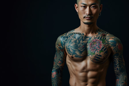 Confident Japanese man with muscular body tattooed on black background.の素材
