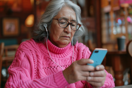 Elderly gray haired Latin American female in glasses and pink sweater sitting at table adjusting earphones while listening to audio on mobile phoneの素材