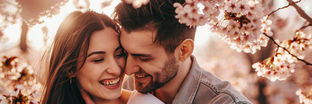 A happy couple smiling and embracing under a cherry blossom treeの素材