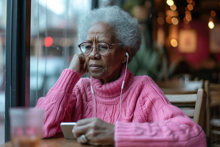 Elderly gray haired African American female in glasses and pink sweater sitting at table adjusting earphones while listening to audio on mobile phoneの素材