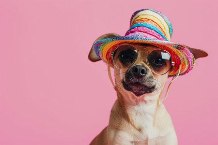 Funny party dog wearing colorful summer hat and stylish sunglasses. Pink backgroundの素材