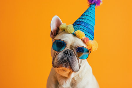 Funny party dog wearing colorful summer hat and stylish sunglasses. Orange backgroundの素材