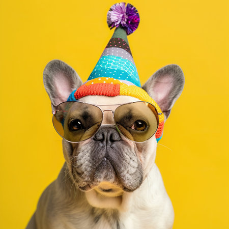 Funny party dog wearing colorful summer hat and stylish sunglasses. Yellow backgroundの素材