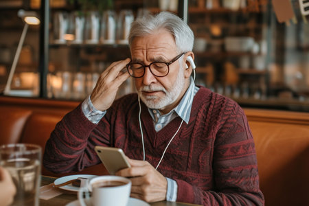 Elderly gray haired male in glasses and Burgundy sweater sitting at table adjusting earphones while listening to audio on mobile phoneの素材