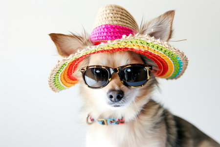 Funny party dog wearing colorful summer hat and stylish sunglasses. White backgroundの素材