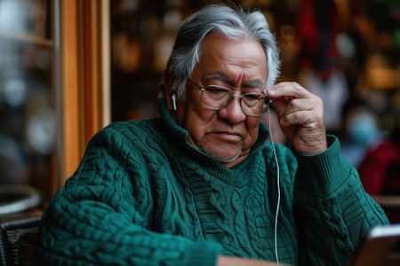 Elderly gray haired Latin American male in glasses and Emerald sweater sitting at table adjusting earphones while listening to audio on mobile phoneの素材