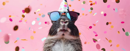 Happy Birthday, carnival, New Year's eve, sylvester or other festive celebration, funny animals card banner - gopher with party hat and sunglasses on pink background with confettiの素材