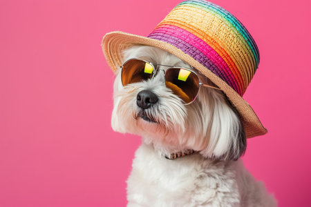 Funny party dog wearing colorful summer hat and stylish sunglasses. Pink backgroundの素材