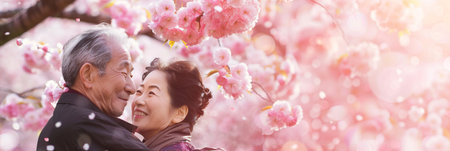 A happy elderly Japanese couple smiling and embracing under a cherry blossom treeの素材