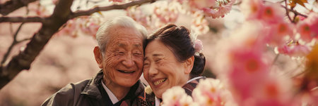 A happy elderly Japanese couple smiling and embracing under a cherry blossom treeの素材