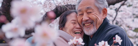 A happy elderly Japanese couple smiling and embracing under a cherry blossom treeの素材