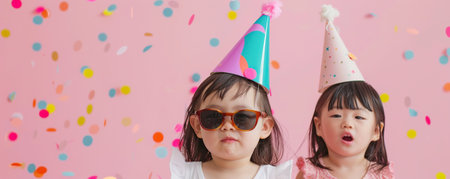 Japanese Baby girls with party hat and sunglasses on pink background with confetti.の素材