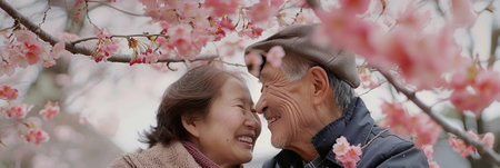 A happy elderly Japanese couple smiling and embracing under a cherry blossom treeの素材
