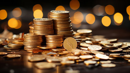 Gold coins and bars on a table with bokeh in the backの素材