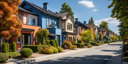 Colorful stucco traditional private townhouses. Residential architecture exteriorの素材