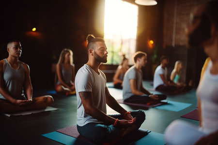 Group meditation in yoga studio, breath exercise, men and women meditating and breathing with closed eyes, breathwork conceptの素材