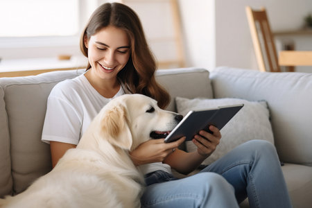Happy young woman spending time with her pet dog at home.の素材