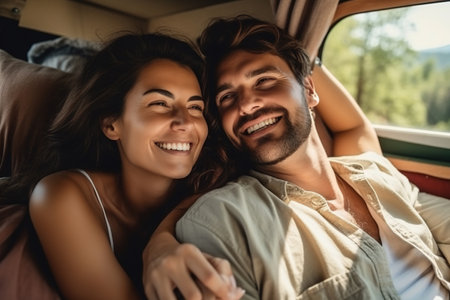 Happy young couple lying together in a van, enjoying vacation time togetherの素材