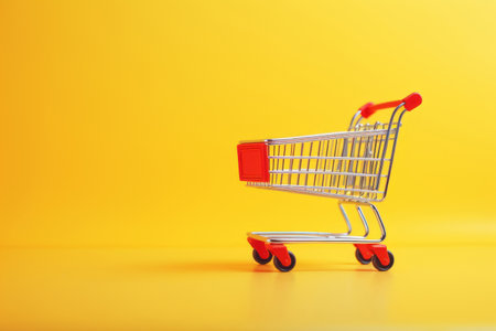 red shopping cart on yellow backgroundの素材