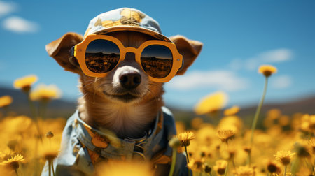 cute dog in a funny outfit and sunglassesの素材