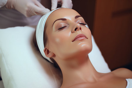 Woman getting facial lifting therapy in beauty salonの素材