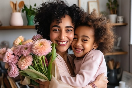 Young ethnic woman mother with flower bouquet embracing son while getting congratulations on Mother's dayの素材