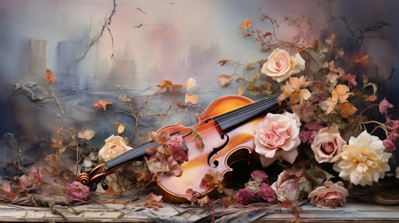Delicate grunge texture chiaroscuro junk journal paper illustration of distressed rococo antique fantasy background watercolor style romance roses petal and vintage Violinの素材