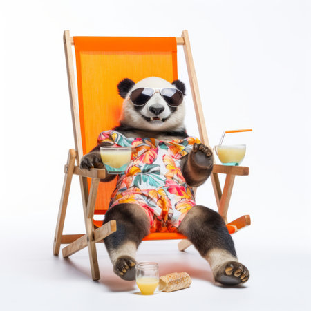 Funny panda bear wearing stylish sunglasses holding glassの素材