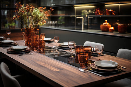 the modern kitchen has black cabinets and brown wooden cabinetsの素材
