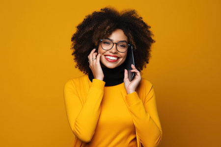 Black woman with phone on studio backgroundの素材