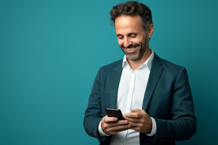 man with phone on blue backgroundの素材