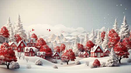 red and white snowy village in winter background for the Christmas cardの素材