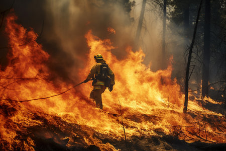 Firefighter dropping water in a Forest Fire during Dayの素材