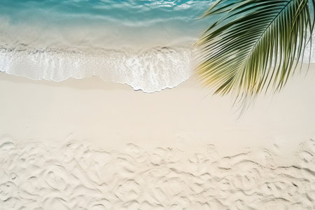 Tropical beach background with white sand, palm tree shadows,summer holiday background. Travel and beach vacation, copy space for text. top viewの素材