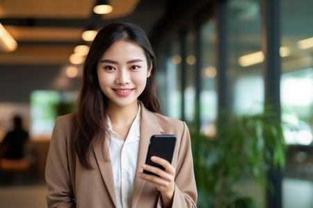 Young happy smiling professional Asian Japanese business woman manager executive holding smartphone using mobile cell phone looking at camera working in office with digital cellular technologyの素材
