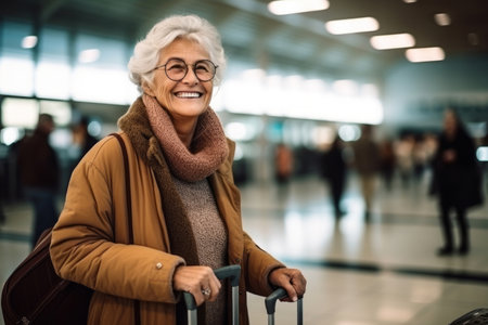 very happy old woman at airport terminalの素材