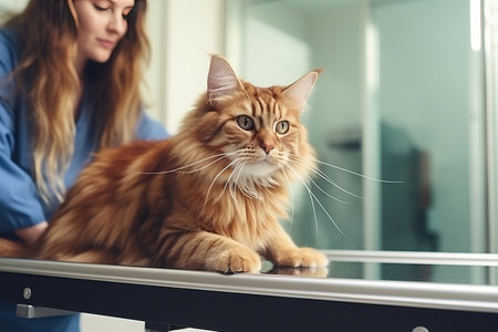 At a Modern Vet Clinic Red Maine Coon Walking on Examの素材