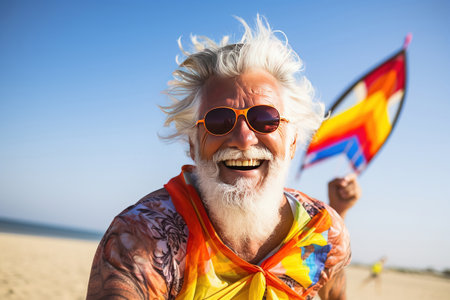 Male mature senior with kite on beachの素材