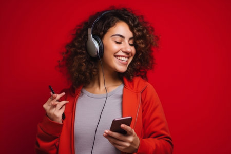 woman with phone on red backgroundの素材