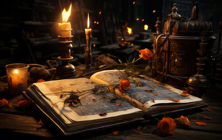 a framed picture open book and candles on a tableの素材