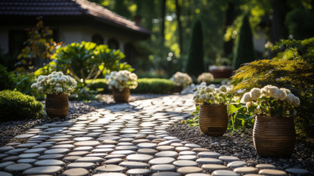 Garden path paving stones and grass.の素材