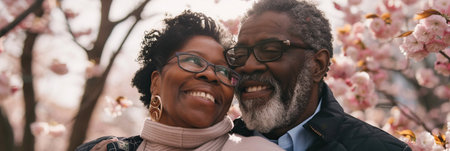 A happy elderly African American couple smiling and embracing under a cherry blossom treeの素材