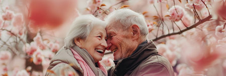 A happy elderly Caucasian couple smiling and embracing under a cherry blossom treeの素材