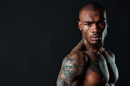 Confident African American man with muscular body tattooed on black background.の素材