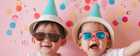Japanese Baby boys with party hat and sunglasses on pink background with confetti.の素材