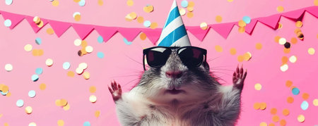Happy Birthday, carnival, New Year's eve, sylvester or other festive celebration, funny animals card banner - gopher with party hat and sunglasses on pink background with confettiの素材